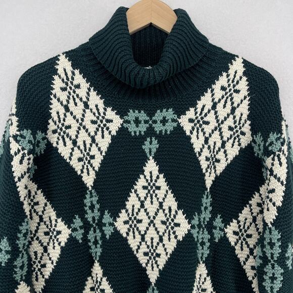 JONES NEW YORK Sweater Sport S Argyle Nordic Turtleneck Hand Knit Green Vintage - Picture 2 of 12